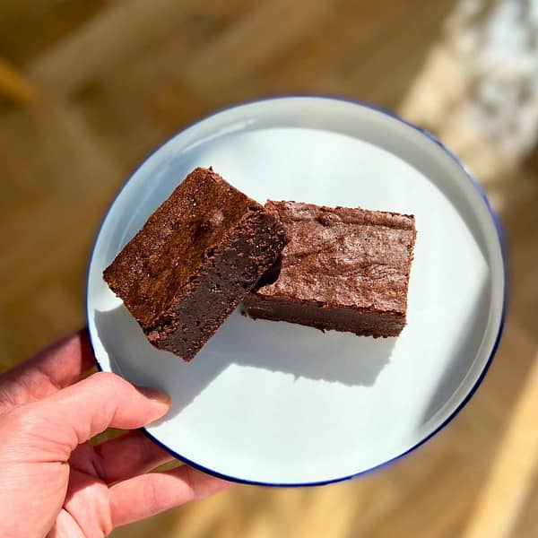 Chocolate Brownies on a plate in the sunshine